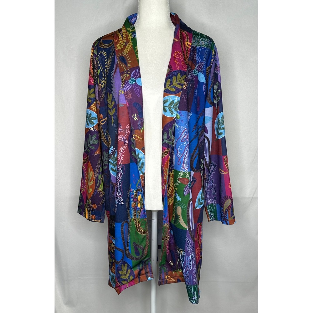 Misslook Womens Multi Color Patchwork Paisley Open Front Long Cardigan Artsy L